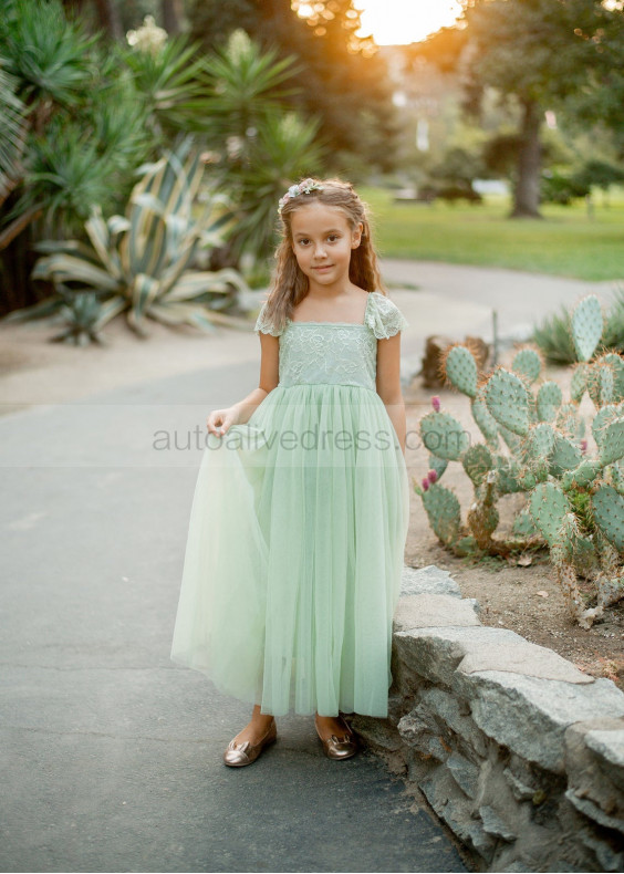 Cap Sleeve Light Green Lace Tulle Spring Flower Girl Dress